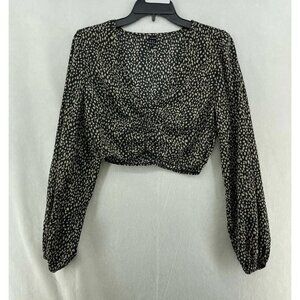 Shein Blouse Women's Sz M Black Plunge Cropped Ruched Front Bishop Long Sleeves